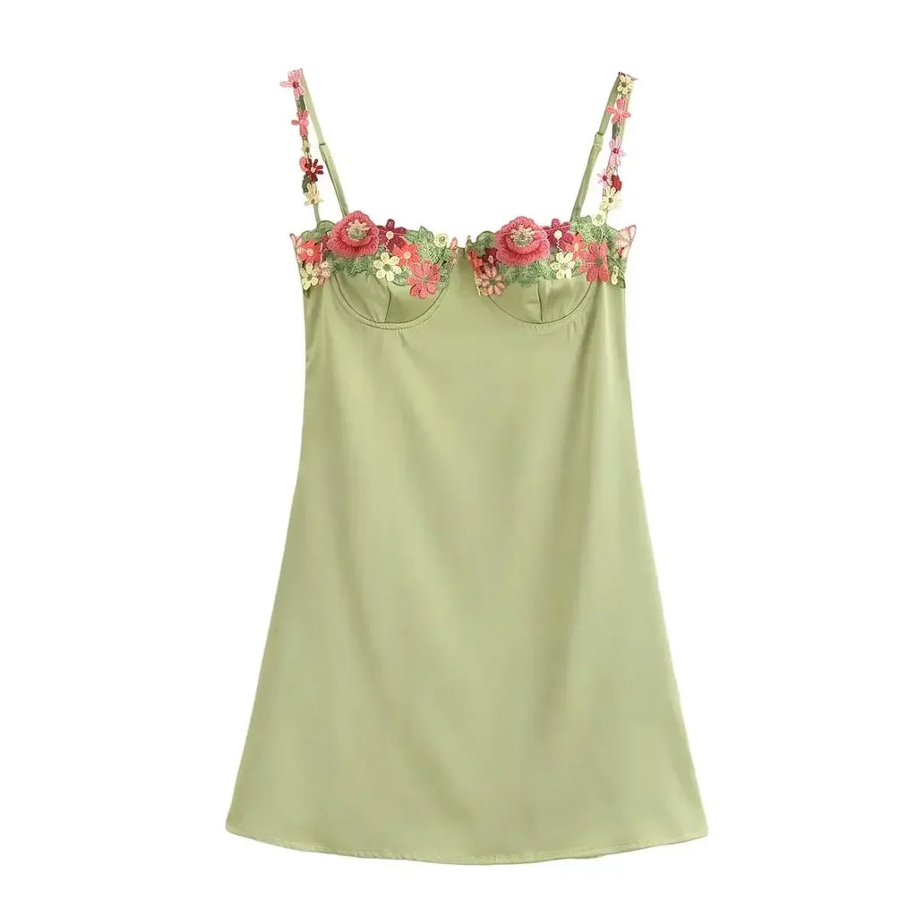 Floral Embroidered Spaghetti Strap Mini Dress Green Satin