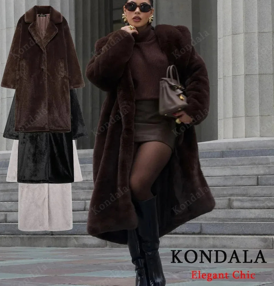 Women's Faux Fur Long Coat Vintage Lapel With Buttons