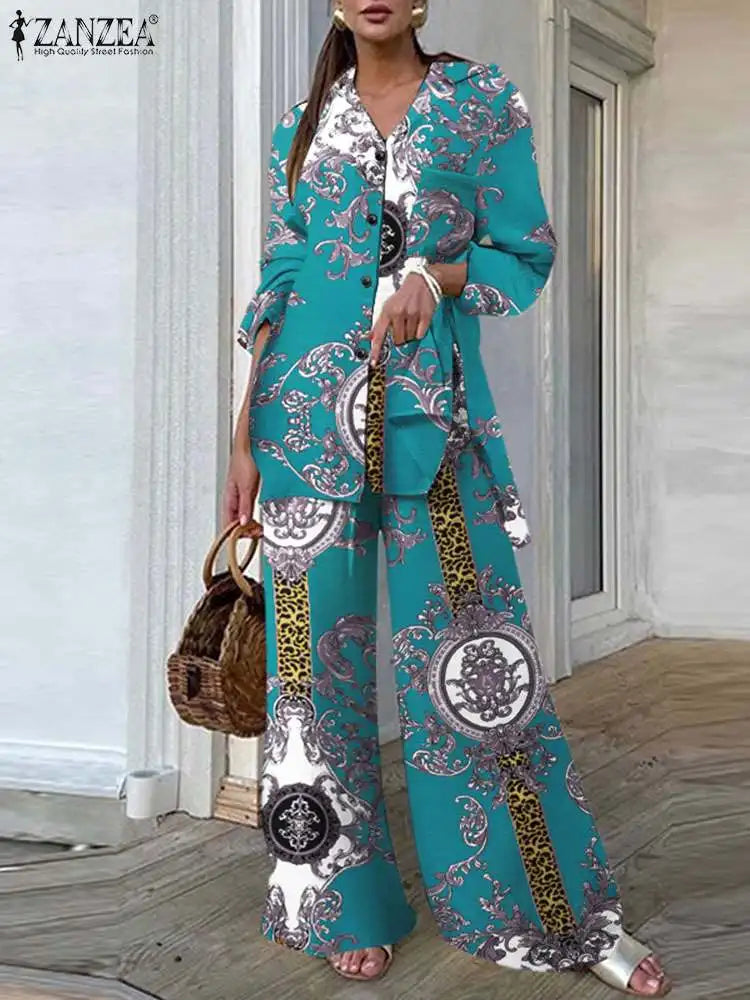 Vintage Print Two Piece Pantsuit For Women Casual Loose Side Slit Long Shirt With Wide Leg Trousers Set
