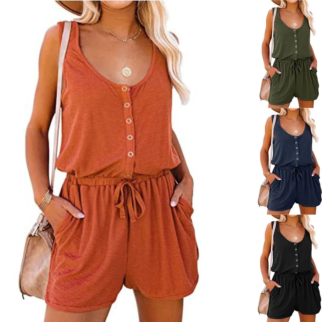 Sleeveless Summer Jumpsuit for Women with Waist Tie Casual Loose Fit Wide Leg Shorts in stylish colors for warm days.