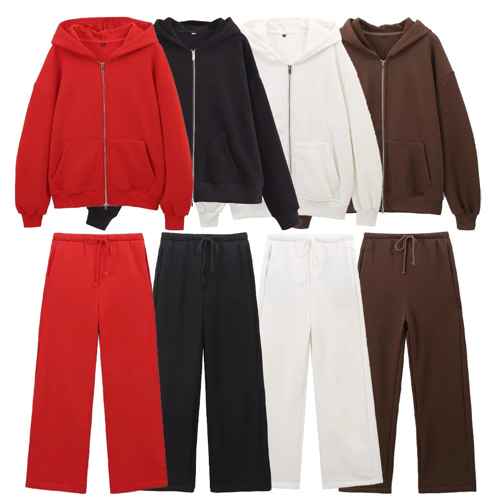 Fashionable Women's Casual Sportswear Jacket and Wide Leg Pants Set with Zipper Decoration for stylish comfort and versatility.