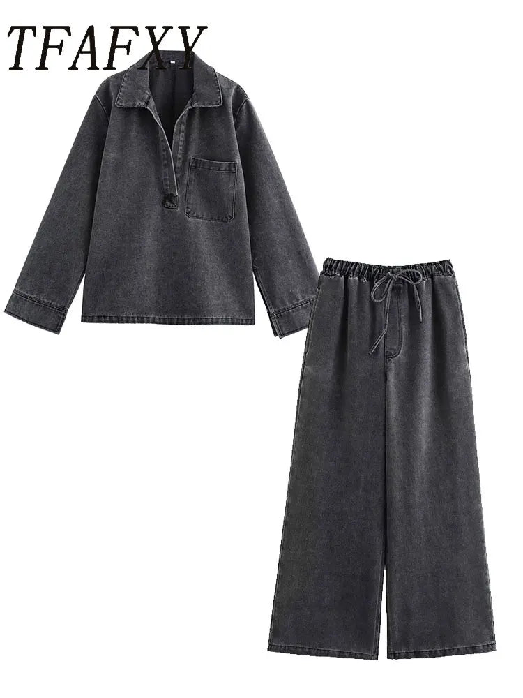 Stylish Autumn Denim Two Piece Set with Elastic Waist Wide Leg Pants and Polo Collar Long Sleeve Top for Casual Style.