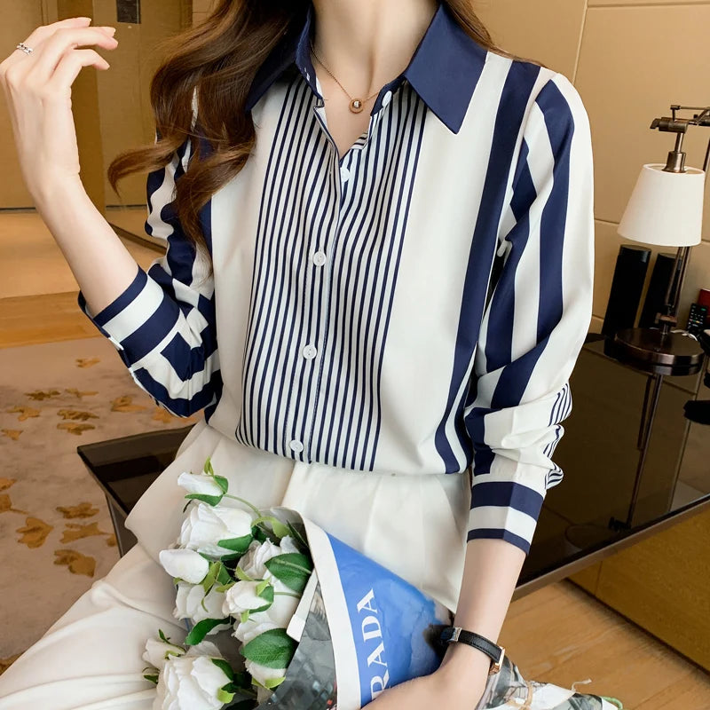Stylish Women’s Blue Striped Long Sleeve Shirt Button Up Polo Neck Blouse Casual Leisure Top for modern comfort and elegance.