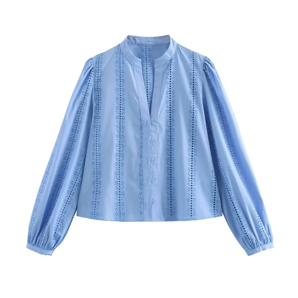 Loose Lace Up White Shirt for Women Elegant Hollow Out Embroidered Puff Sleeve Cropped Top by TRAFSHE, perfect for any occasion.