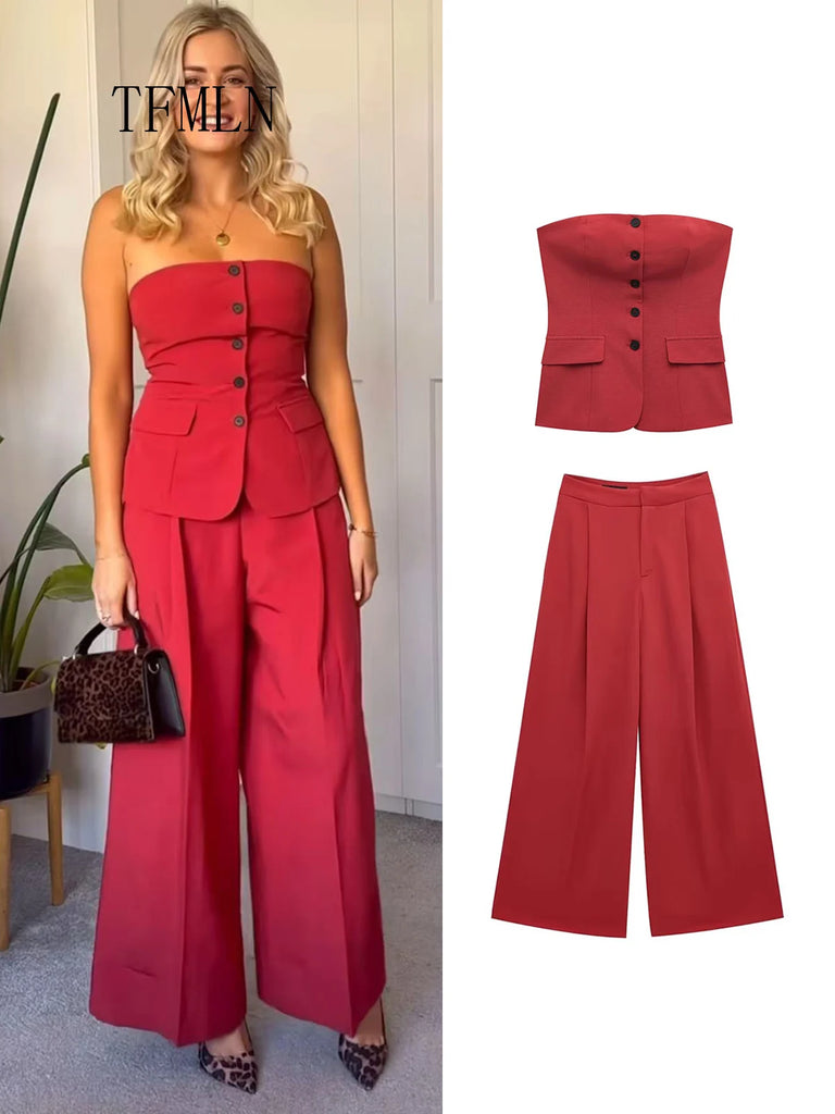 Red Pant Suit For Women With Front Button Detail And Strapless Tank Top Wide Leg Trousers Fashion Streetwear