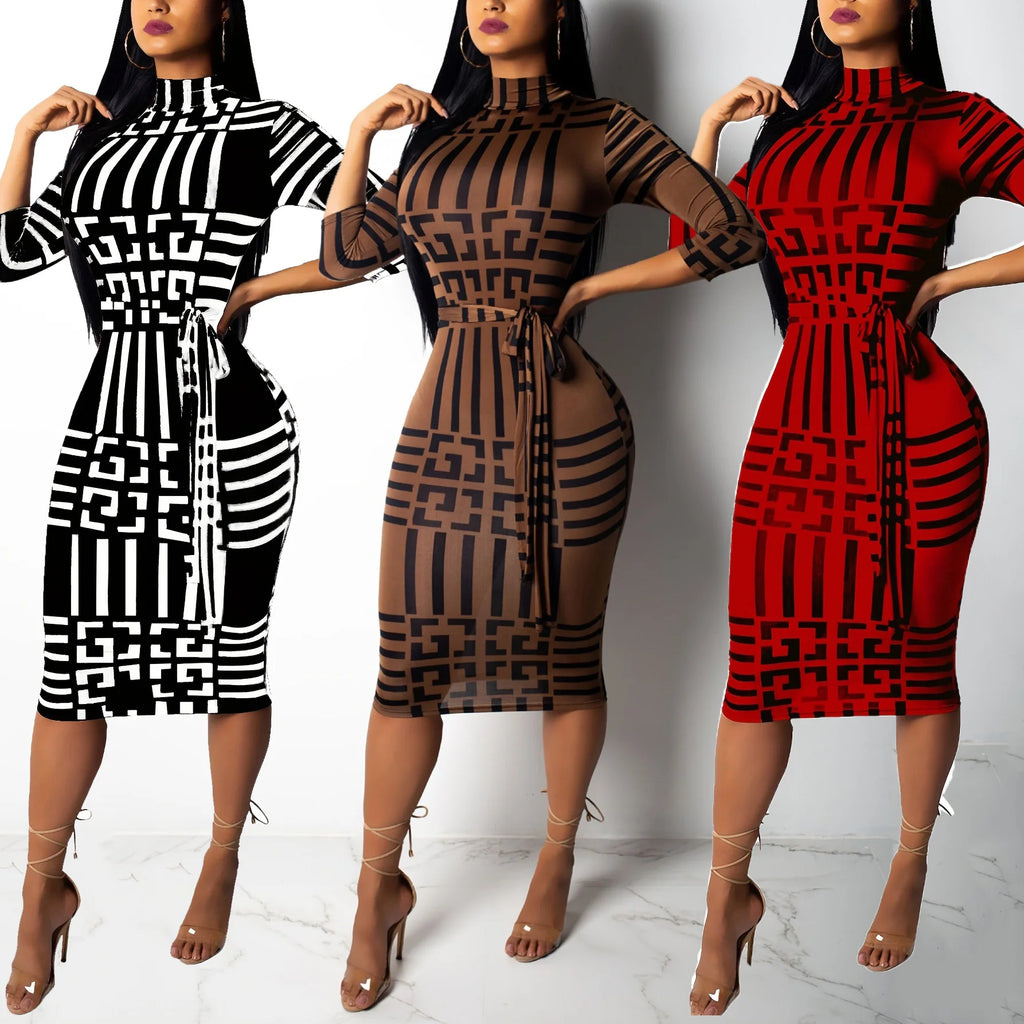 Elegant Long Sleeve Bandage Dress With Letter Print