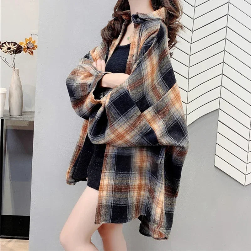 Stylish Women's Casual Blushed Flannel Shirt Long Sleeve Collared Button Down Plaid Blouse for fall and winter outfits.