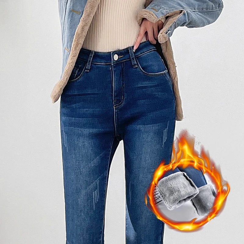 Women Winter Fleece Lined Denim Jeans Skinny Fit Warm