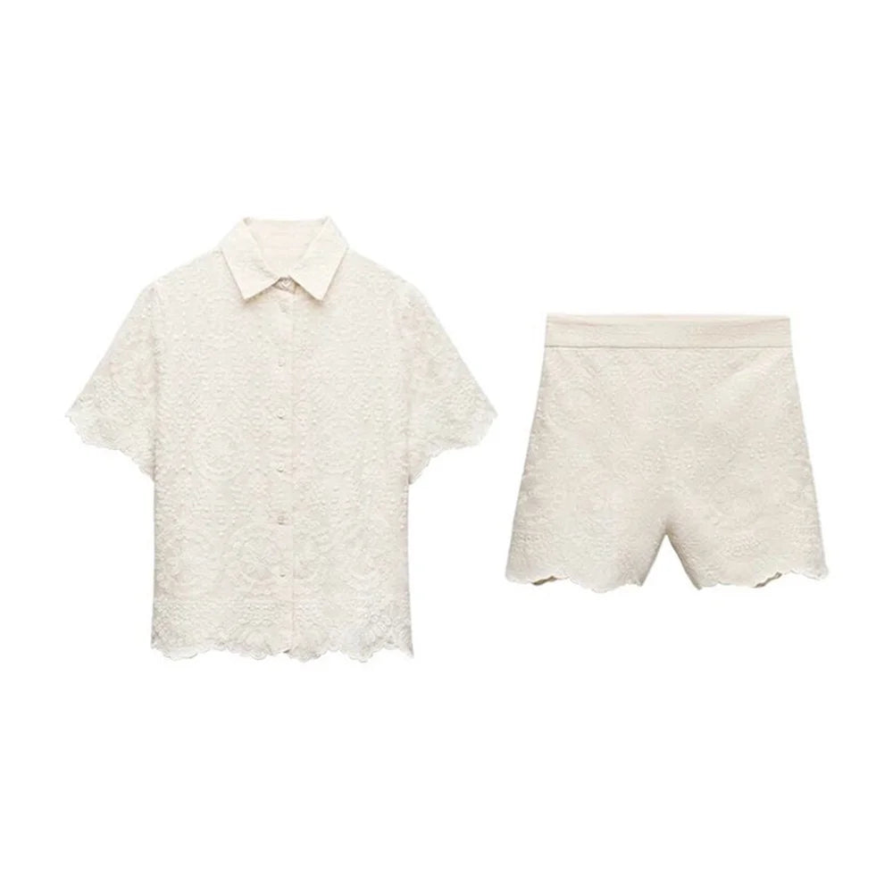 Chic Women’s Casual Embroidered Polo Neck Shirt and High Waist Short Shorts Set Summer Fashion Slimming Stylish Outfit.