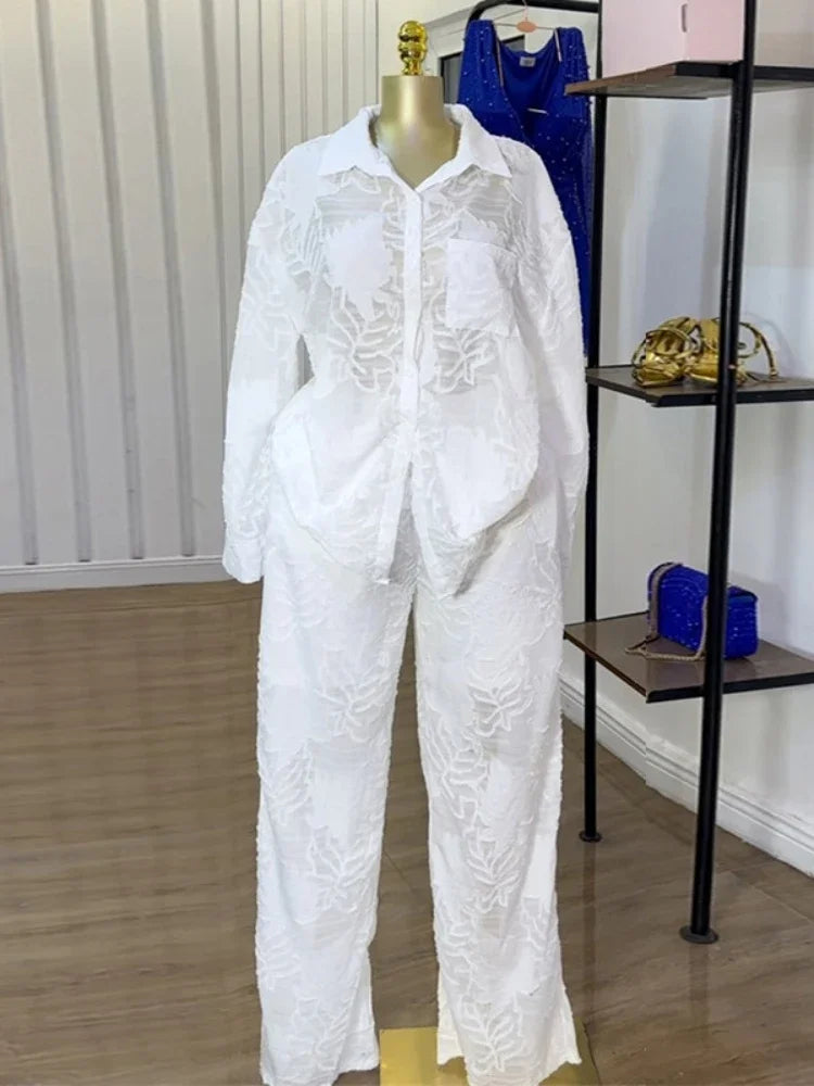 Stylish Women's Summer Pant Sets with Turned-down Collar Long-sleeve Shirt and High-waist Straight-leg Pants for summer.