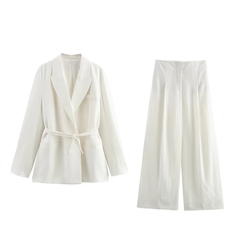 Cream Belted Blazer and Wide Leg Pants Set for Women