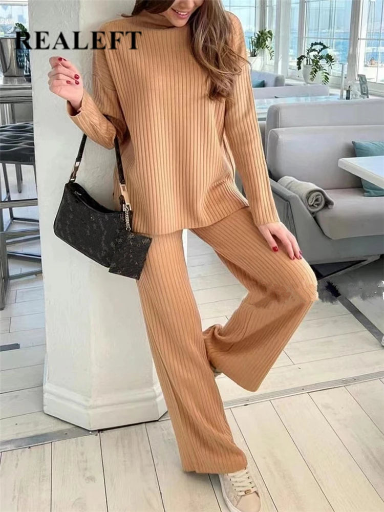 Stylish Autumn Winter Women's Knitted Tracksuit Set with Half Turtleneck Sweater and Wide Leg Jogging Pants by REALEFT.