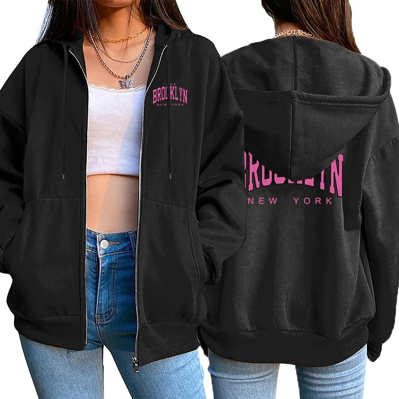 Womens Long Sleeve Zip Hoodie Printed Urban Casual Jacket