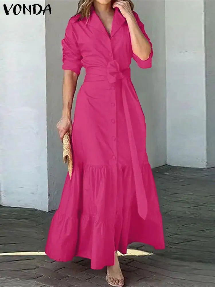 Long Sleeve Sundress With Ruffles Belted Shirt Dress