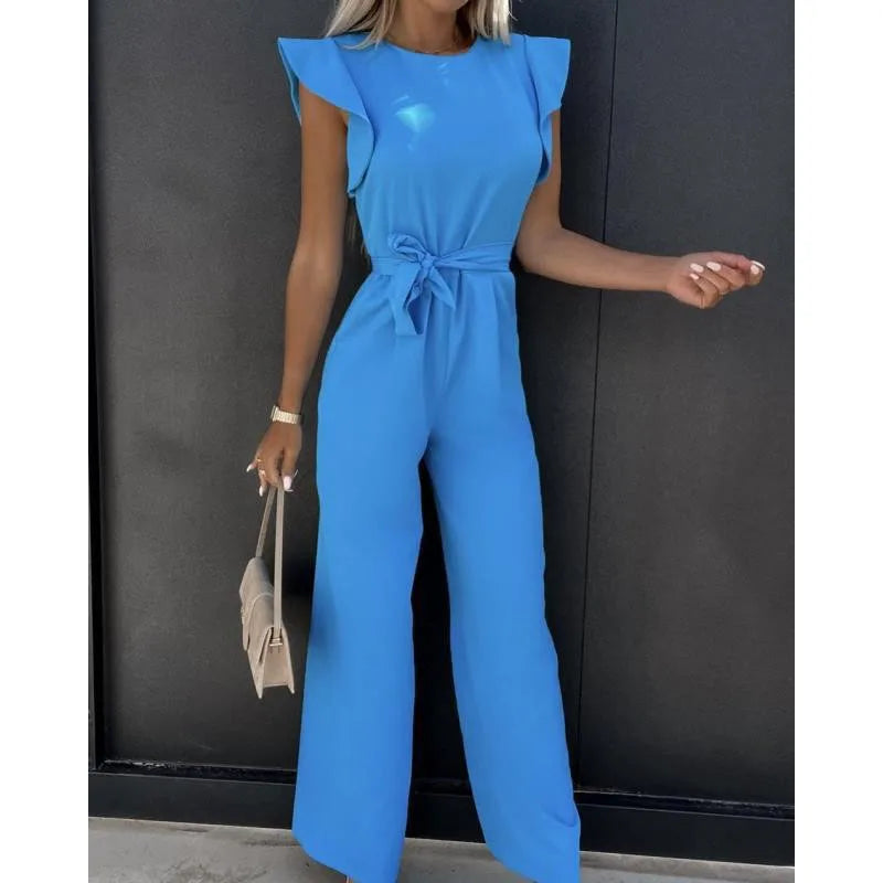 Elegant Lace Up High Waist Jumpsuit for Women with Straight Leg and Ruffle Edge Sleeves in Solid Color, perfect for any occasion.