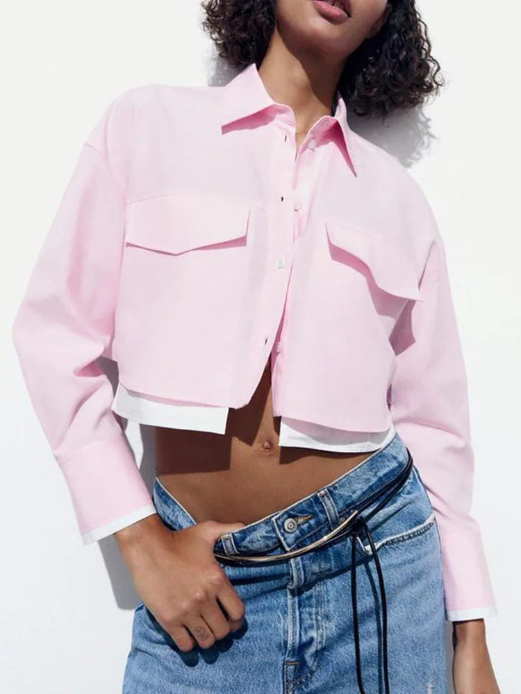 Trendy Women’s Pink Patchwork Cropped Shirt Long Sleeve Button-Up Blouse for Ladies, perfect for modern streetwear style.