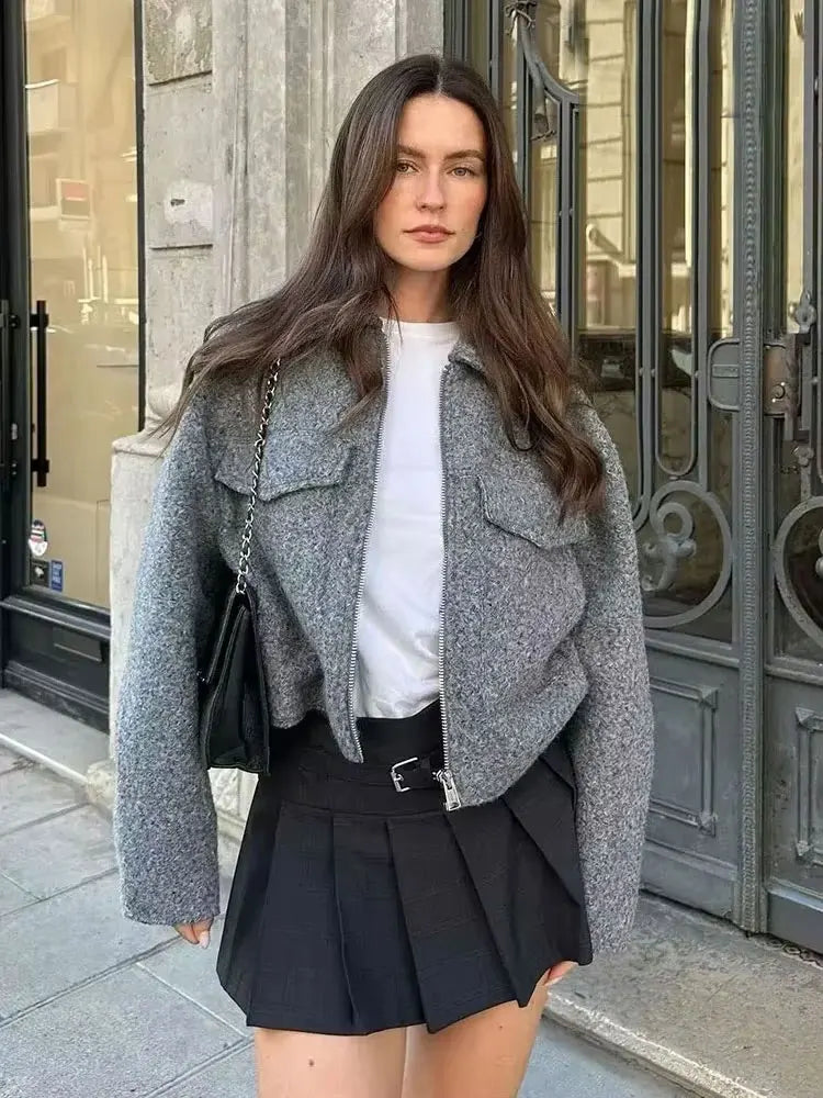 Women Cropped Jacket With Patch Pockets And Zipper Front