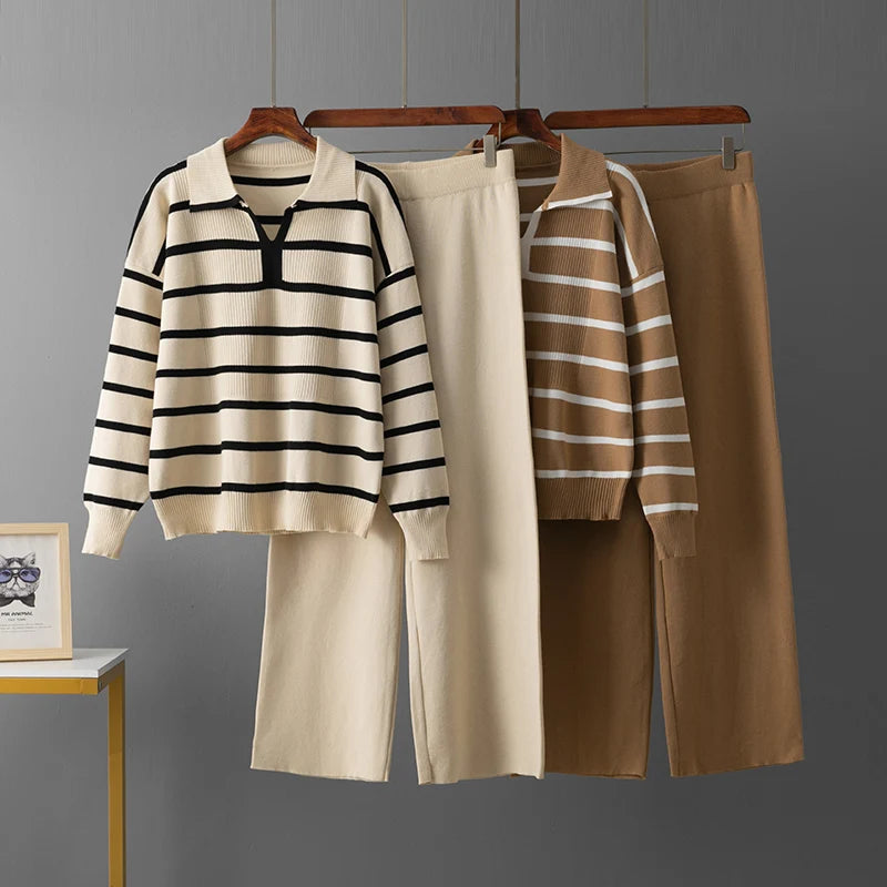 Women's Knit Sweater Set Two Piece Striped Warm Winter Pantsuit With Long Sleeve Top And Soft Cozy Pants