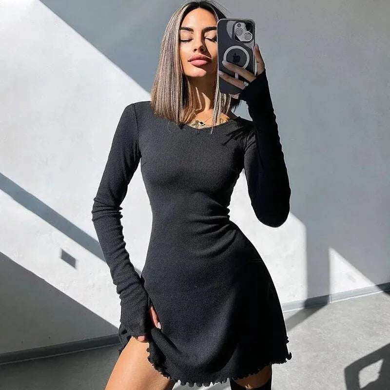 Women Knitted Bodycon Mini Dress Long Sleeve Streetwear