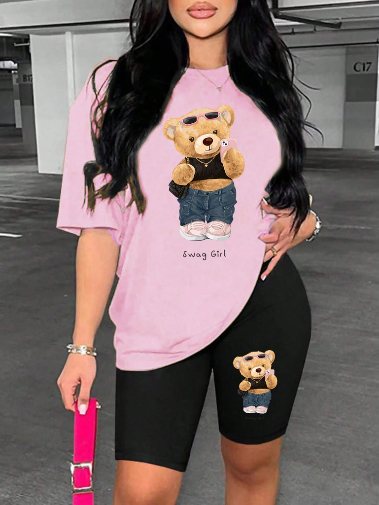 Cute Plush Bear Two Piece Women’s Shorts and Short Sleeve T-Shirt Set Soft Cotton Blend, stylish and comfy for casual wear.