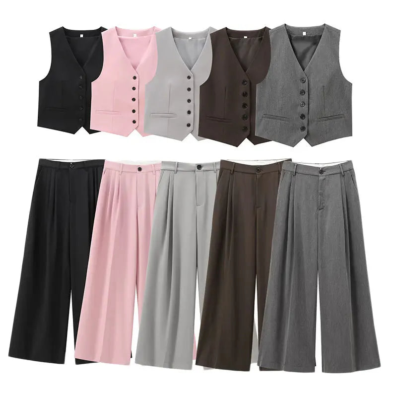 Versatile Wide Leg Pant Suit Set for Women - V-Neck Top and Double Fold Pants, perfect for work office fashion.