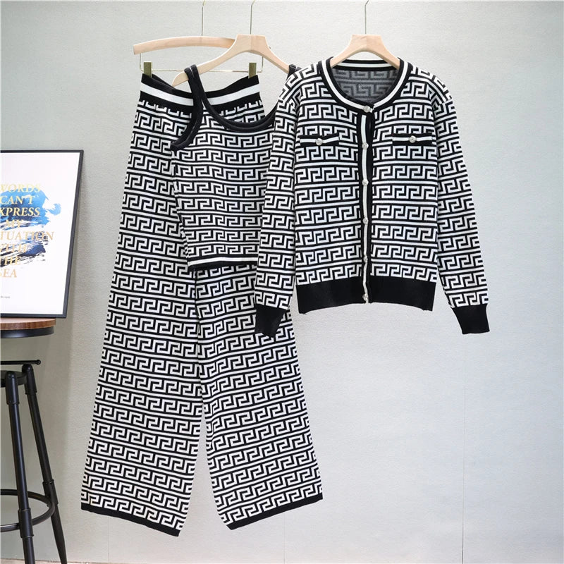 Elegant Casual Three-Piece Women's Houndstooth Printed Vest and Trousers Set, perfect for spring and autumn styling.