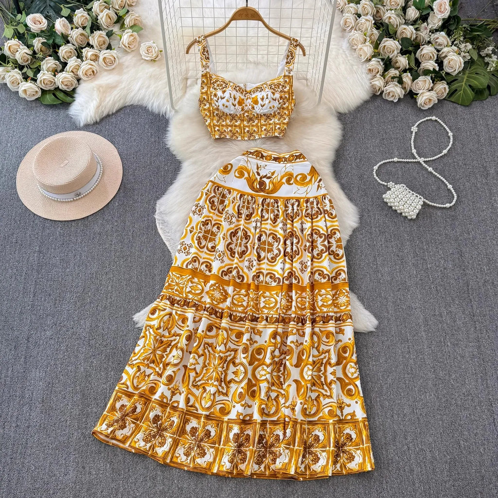 Yellow Floral Two Piece Crop Top And Maxi Skirt Set