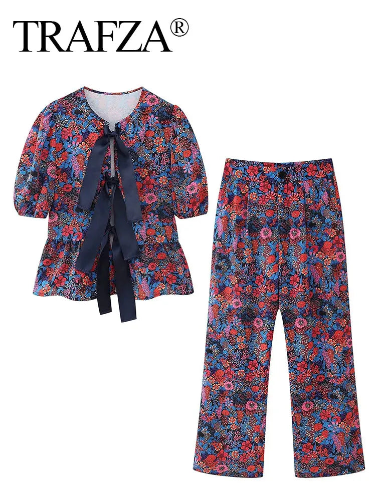 Stylish Women Floral Print Pant Sets with Bow Lace Up O Neck Shirt and High Waist Trousers by TRAFZA for a bohemian spring look.