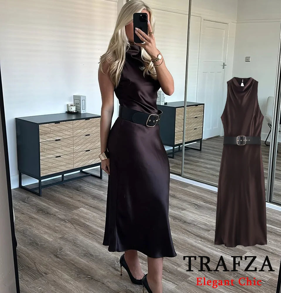 Elegant Satin Belt Midi Dress For Women Vintage Brown