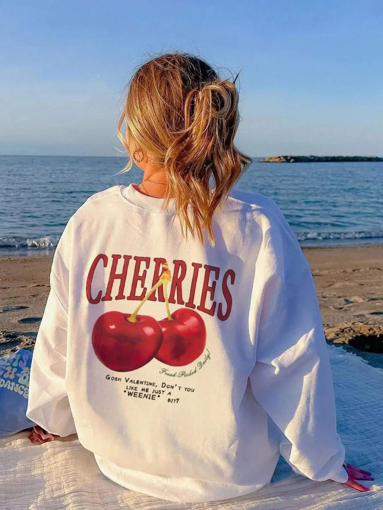Women's Cherry Graphic Hoodie Sweatshirt Fleece Crewneck