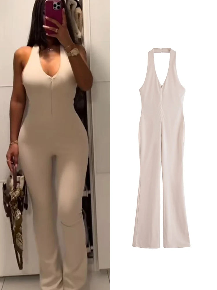 Stylish Women’s Flare Pants Jumpsuit Slim Fit Halter Neck Backless, perfect for vintage parties and high street fashion by TFMLN.