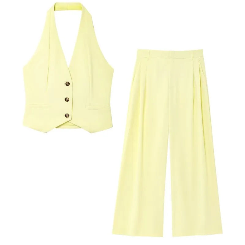 Stylish Double Pleat Trouser Set for Women with V Neck Halter Waistcoat and High Waist Trousers, perfect for any occasion.