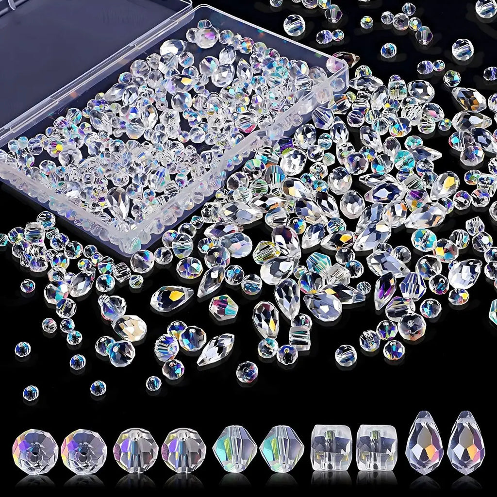 300 Pieces Mixed Crystal Glass Beads Variety Pack for DIY Crafts and Jewelry Making, showcasing a stunning assortment of shapes.