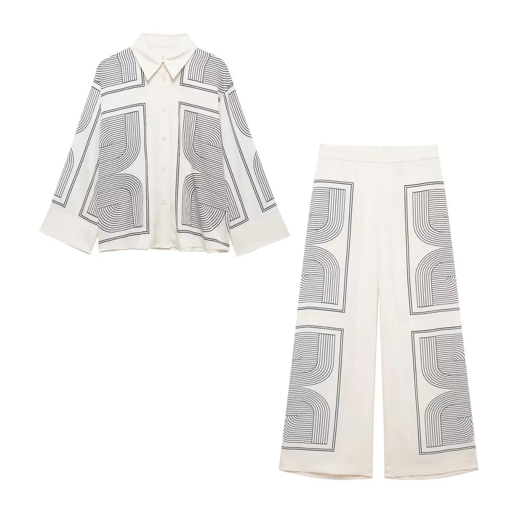 Stylish Women's Creamy Geometric Pattern Suit Set with Long Sleeve Shirt and Wide Leg Pants