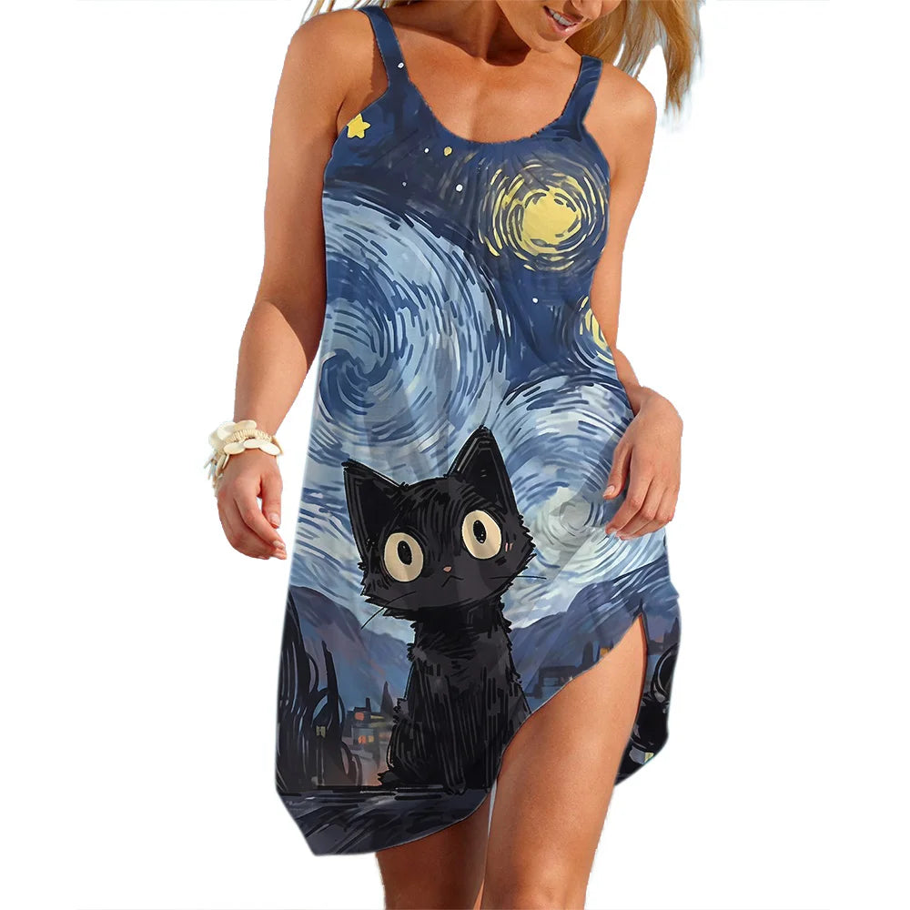 Cat Print Slip Dress For Women Beach Party Casual Summer