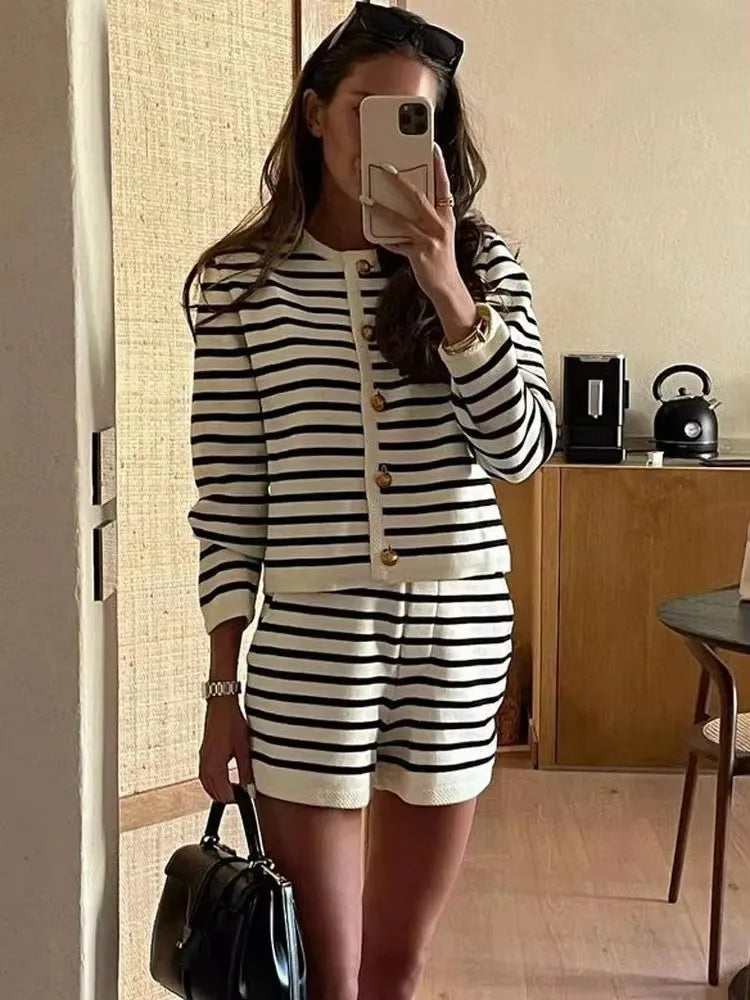Chic Autumn Striped Single Breasted Knit Cardigan and Shorts Two Piece Set for Women, perfect for stylish streetwear.