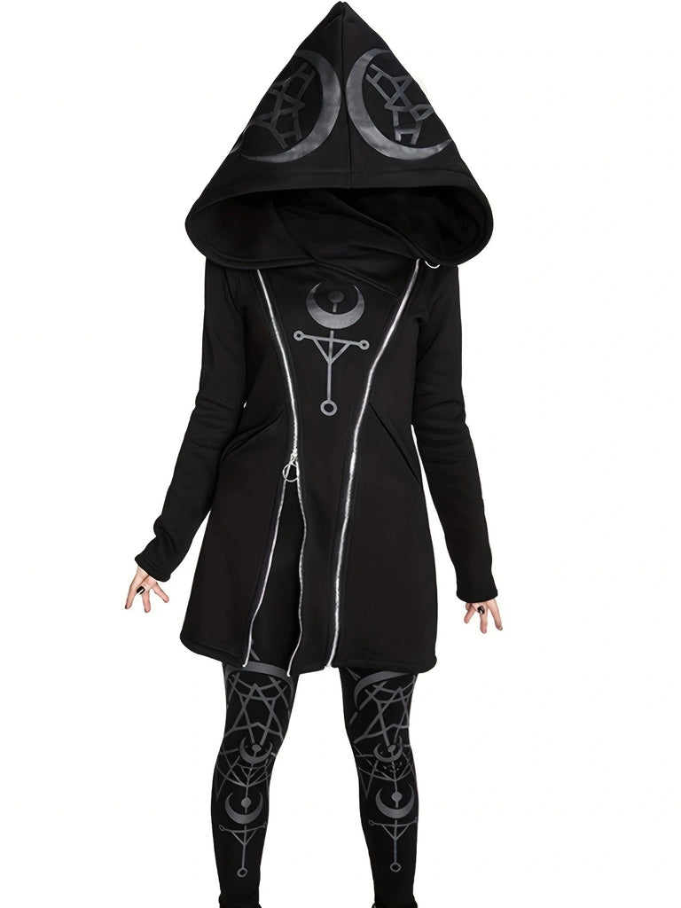 Gothic Zip Up Hooded Jacket For Women With Sun Moon Print