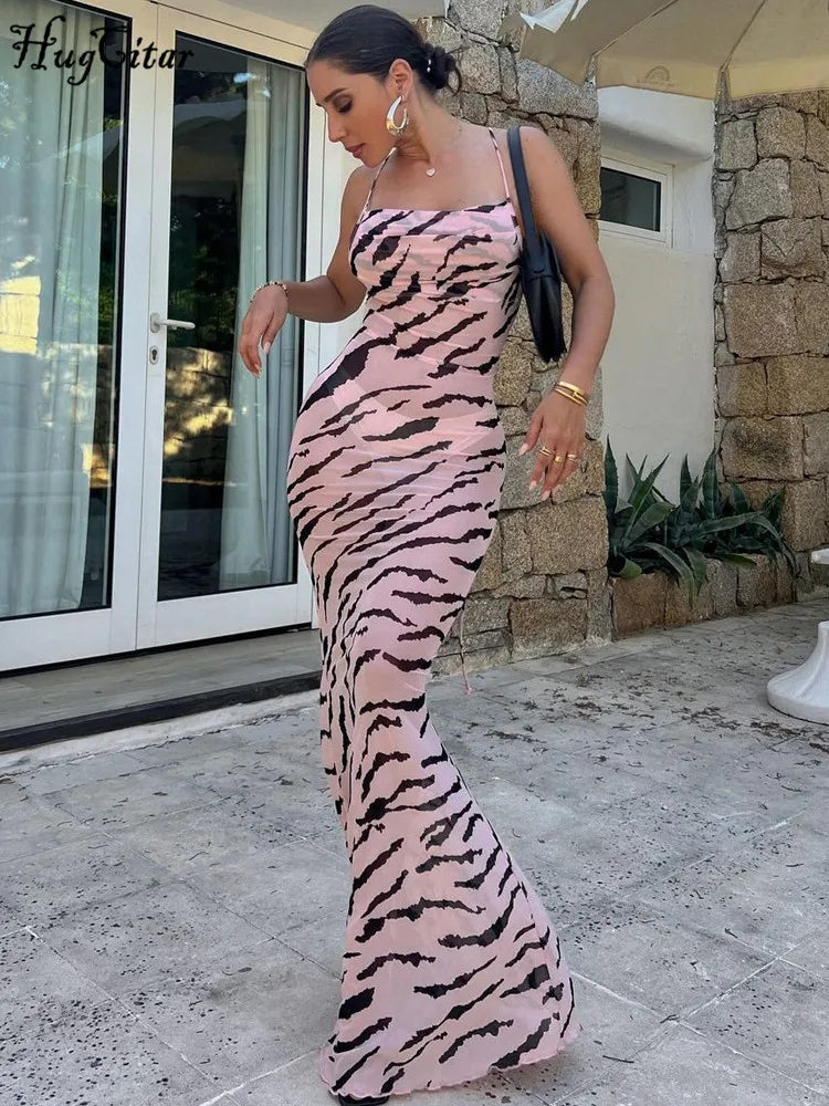 Zebra Print Mesh Maxi Dress Backless Lace Up Beachwear