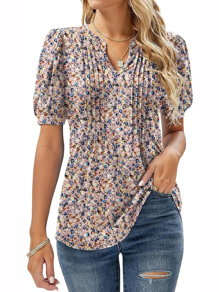 Stylish Women’s V-Neck Short Sleeve Pleated Waist Printed T-Shirt, perfect for summer with elegant office style and comfortable fit.
