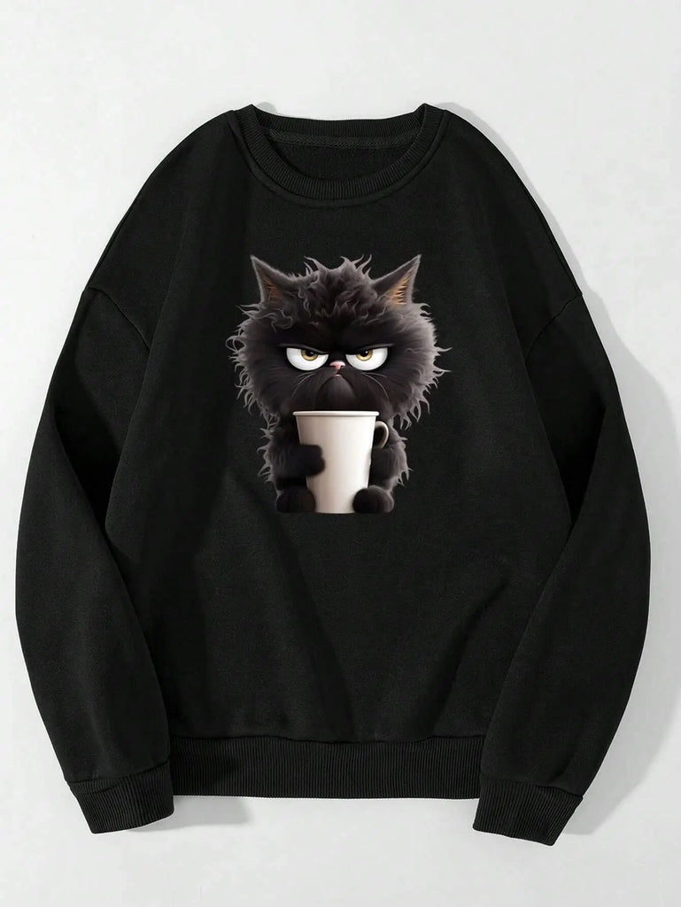 Black Cat Print Hoodie Women Loose Fit Pullover Sweatshirt