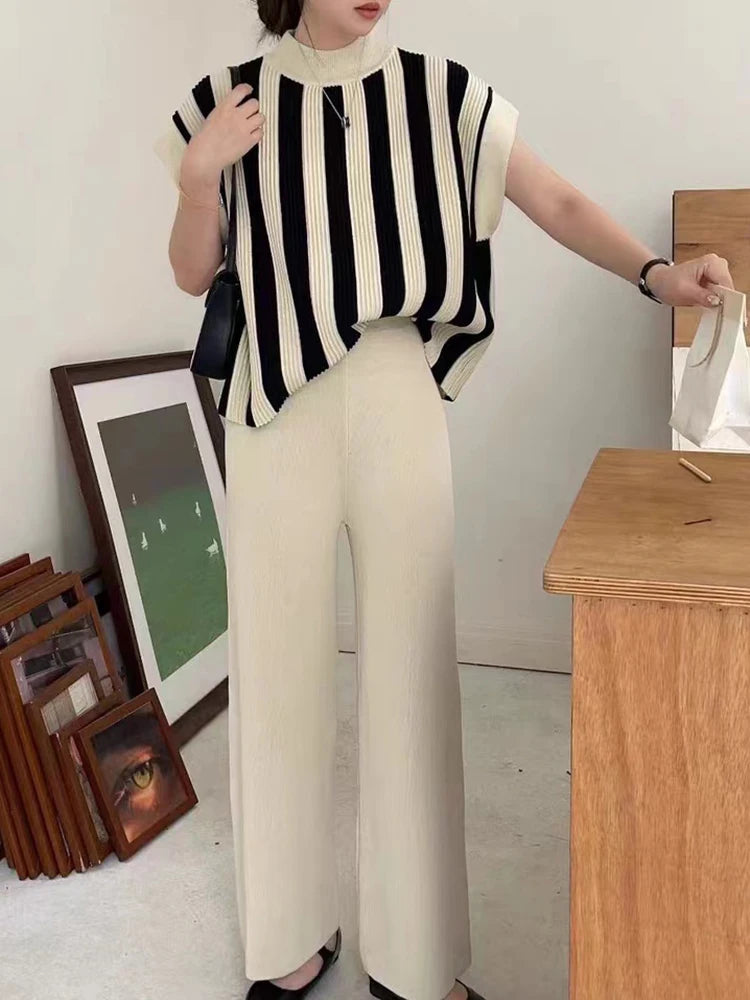 Women Striped Knit Sweater Pants Set For Autumn Winter, Casual Elegant OL Office Wear