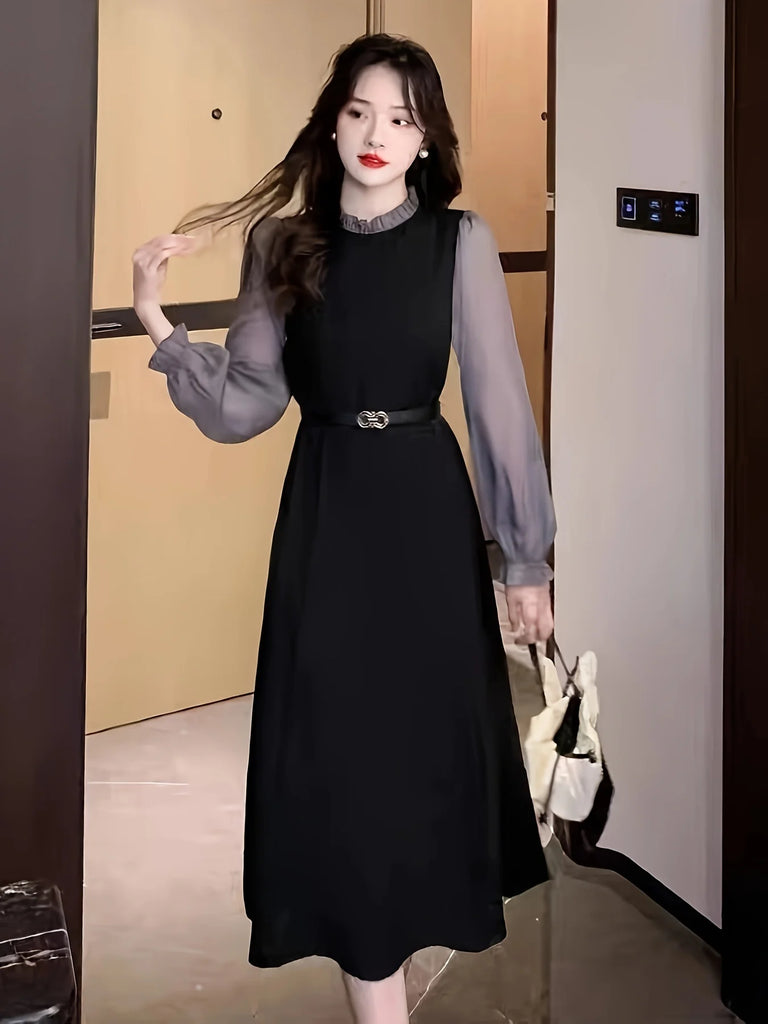 Color Block Dress Lettuce Trim Long Sleeve Midi Womens