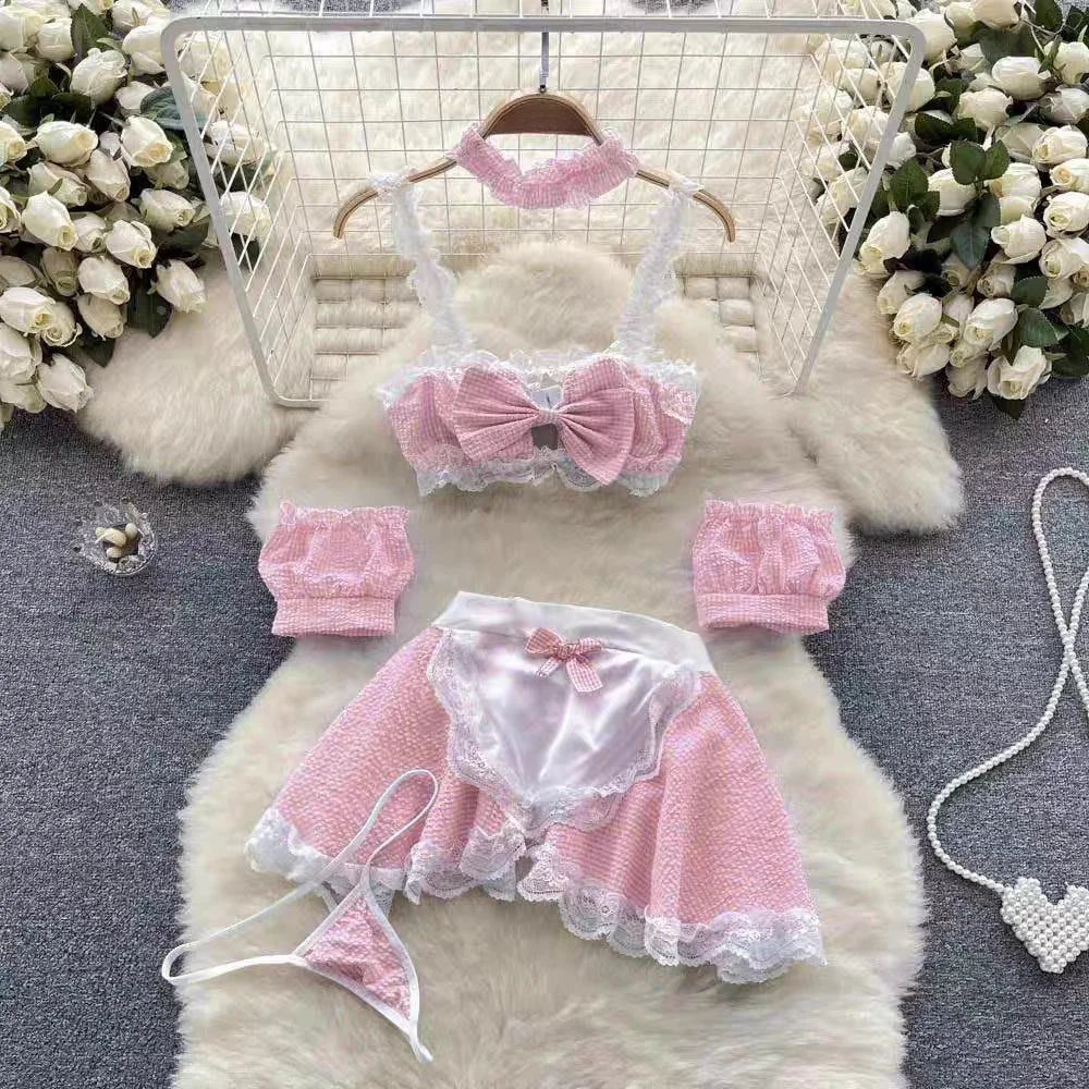 Ruffle Bow Plaid Maid Cosplay Lingerie Set Lace Patchwork