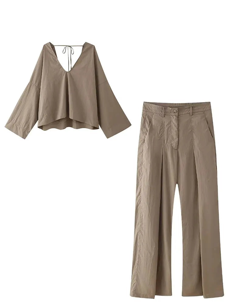 Women Vintage Casual Blouse and Trousers Set Lace-Up Loose Shirt Top with Zipper Fly Straight Pants in stylish beige.