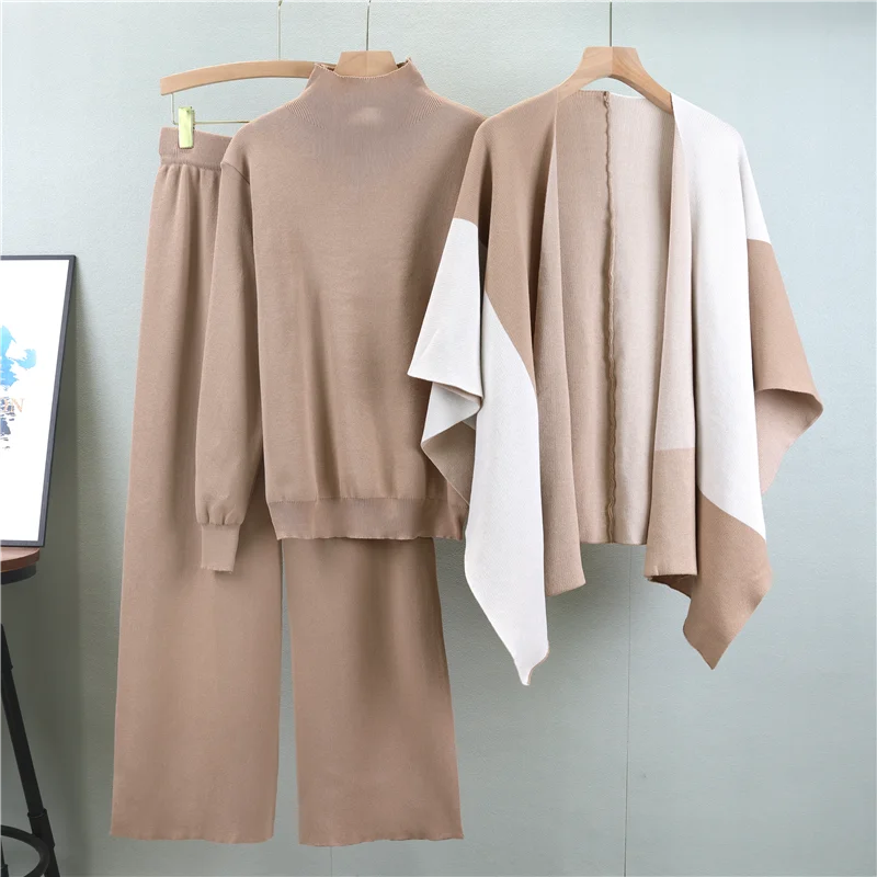 Elegant Knitted Three-Piece Suit for Women - Cozy Autumn Winter Knit Top with Wide Leg Pants and Stylish Shawl Set displayed.