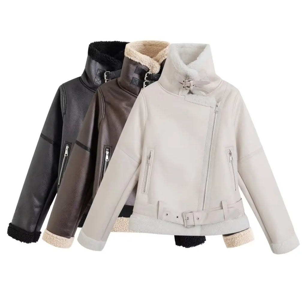 Women Faux Leather Jacket Chic Lapel Zipper Warm Winter