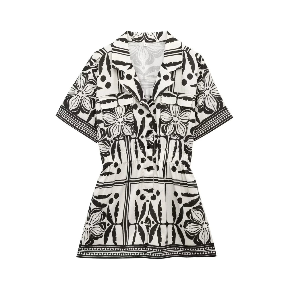 Chic Slim Fit Printed Cuban Collar Jumpsuit Shorts for Women, perfect for casual summer vacations and stylish outings.