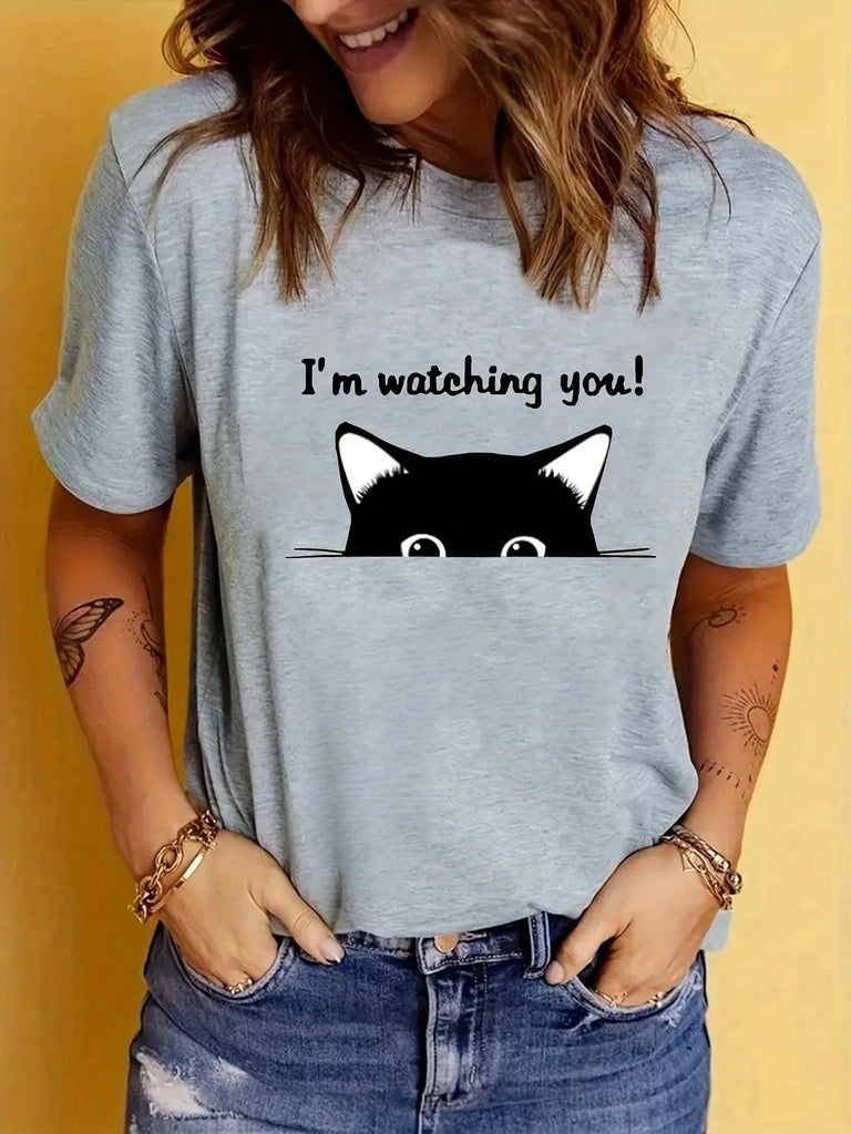 Cat Graphic Print Short Sleeve Workout T-Shirt for Women Activewear