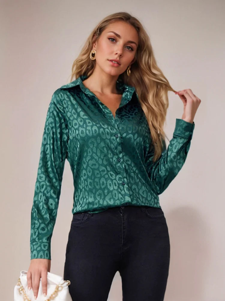 Stylish Elegant Long Sleeve Leopard Jacquard Blouse for Women with Turn Down Collar, perfect for office or casual wear.