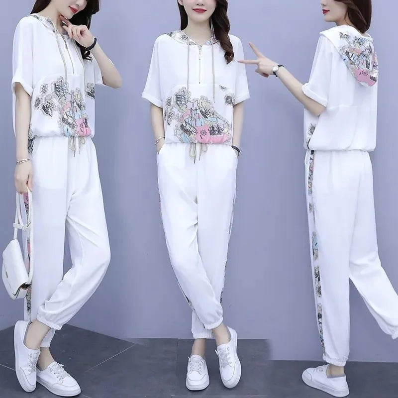 Stylish Women's Casual Two Piece Set with Hooded T-Shirt and Contrast Printed Pants for Spring and Summer Fashion.